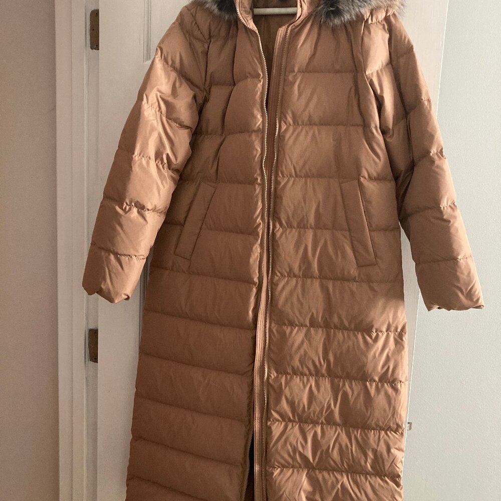 Land's End long puffer coat with faux fur hood gold